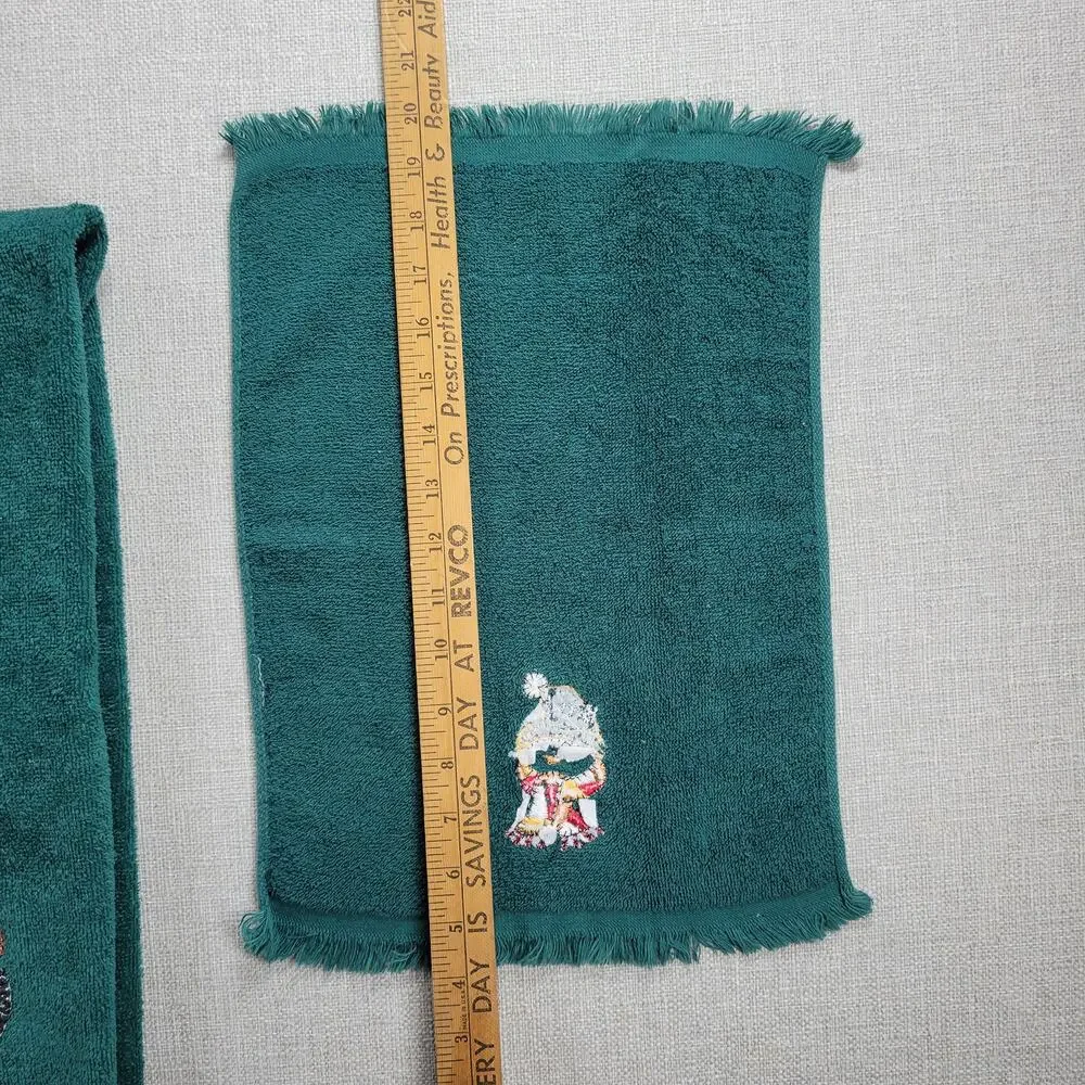 Vintage Cotton Terry Cloth Holiday Towel 2pcs Set Green Winter Snowman Holiday